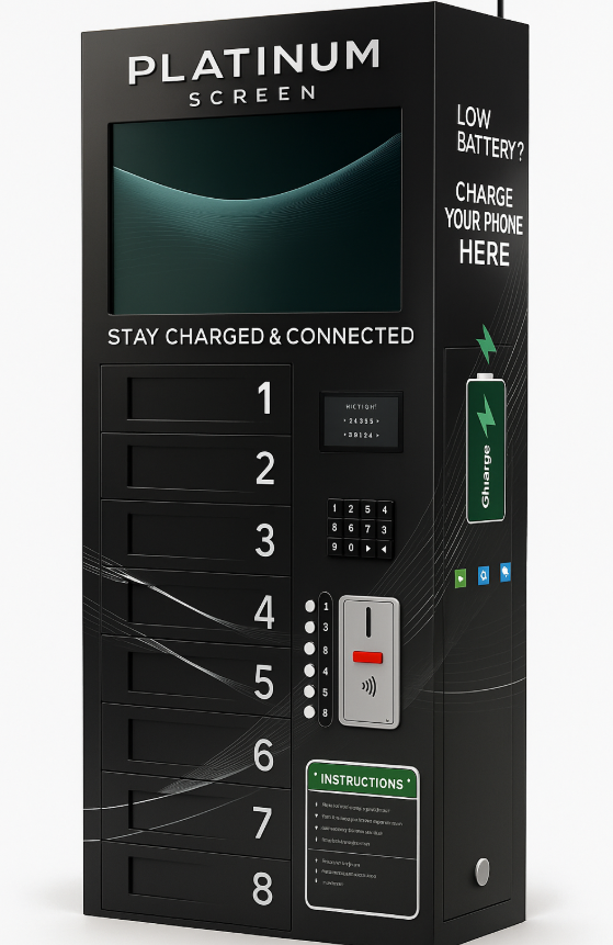 Platinum Screen's phone charging locker unit with eight secure compartments