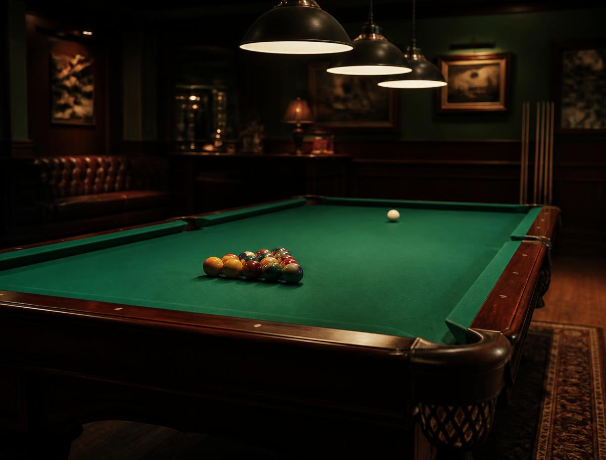 Pool table under warm pendant lights in a pub room